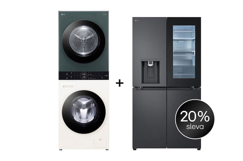 Čelní pohled na SET | LG WashTower WT1210EGF + Chladnička InstaView™ GMG960EVEE CHPRSET4