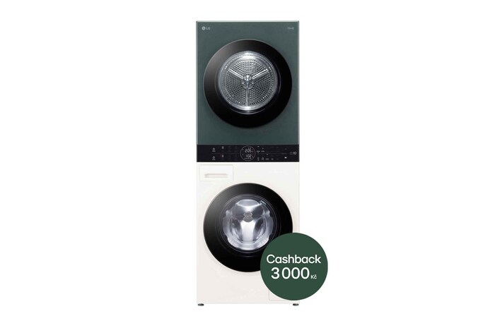 Čelní pohled na LG WashTower | 12 / 10 kg |1400 ot./min | AI DD™ | TurboWash™360°| Bílá/zelená, WT1210EGF