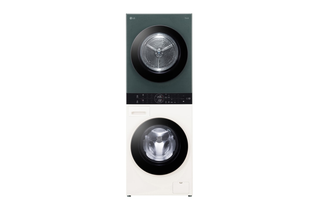 Čelní pohled na LG WashTower | 12 / 10 kg |1400 ot./min | AI DD™ | TurboWash™360°| Bílá/zelená, WT1210EGF