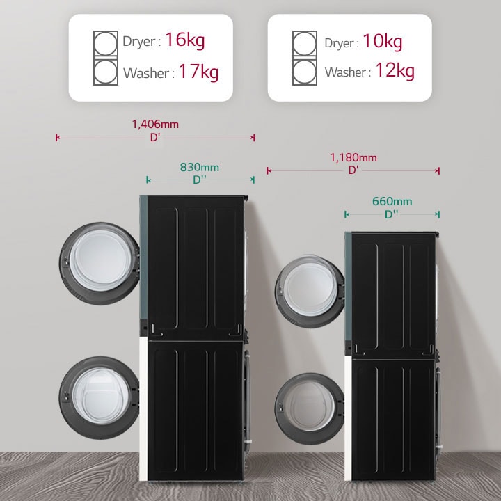 Věž WashTower č. 1 lze sušit 16 kg prát 17 kg, č. 2 lze sušit 10 kg prát 12 kg