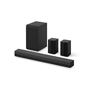 Natočený pohled na LG Soundbar S40TR, subwoofer a zadní reproduktory