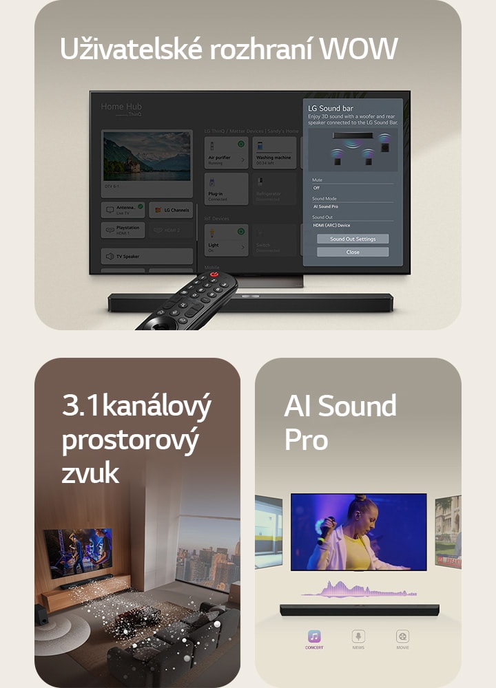 Snímek LG Soundbaru, LG Remote a LG TV zobrazující rozhraní WOW Interface na obrazovce.  Obraz televizoru LG TV a soundbaru LG Soundbar v obývacím pokoji přehrávající hudební představení. Ze soundbaru se promítají bílé zvukové vlny složené z kapek, které obtékají pohovku a obývací prostor a zobrazují prostorový zvuk. Z okna je vidět panorama města.  Snímek soundbaru LG Soundbar se třemi různými TV obrazovkami nahoře. Na jedné se promítá film, na druhé koncert a na třetí zpravodajství. Pod soundbarem jsou ikony Koncert, Zprávy a Film.
