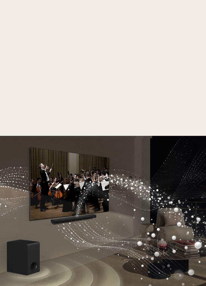 LG Soundbar, LG TV a subwoofer v moderním obývacím pokoji přehrávají hudební vystoupení. Bílé vlny znázorňující zvuk vystřelují směrem nahoru a dopředu ze soundbaru i televize, zatímco subwoofer vytváří efekt dunivého basu ze spodní části.