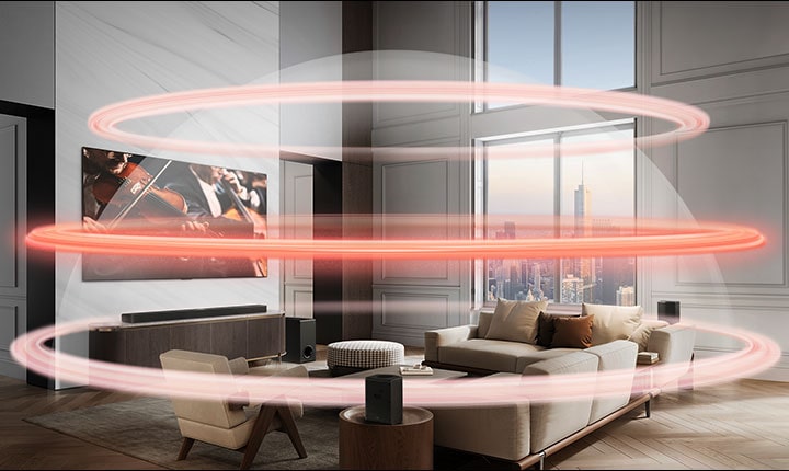 LG Soundbar a LG TV v prostorném městském bytě. Tři červené vrstvy symbolizují virtuální zvukové pole – s výraznou střední vrstvou, která vytváří zvukovou kopuli kolem pohovek.