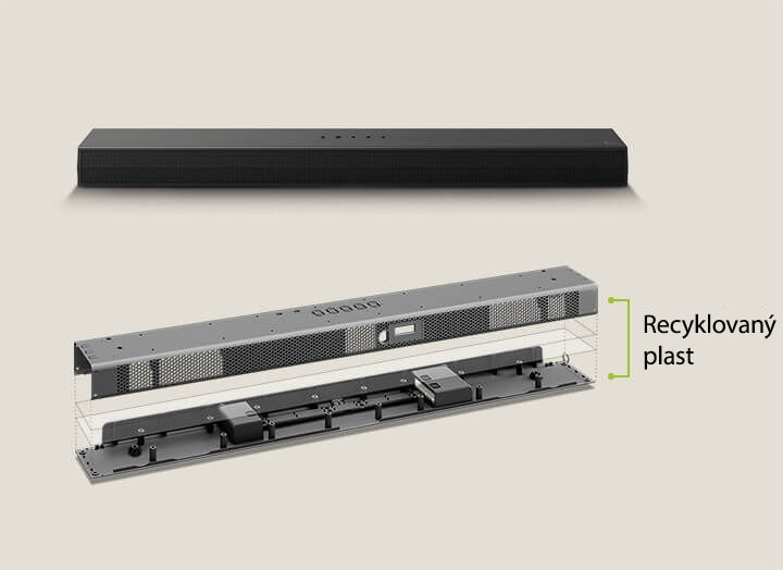 Zvukový panel je zobrazen zepředu – v pozadí skutečný Soundbar a v popředí jeho kovový rám. Zkosený pohled na zadní část kovového rámu ukazuje nápis „Recyklovaný plast“ označující okraj rámu.