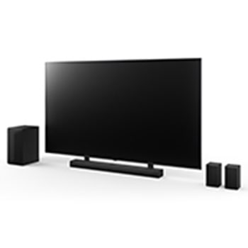 Front view of 75inch LG QNED, LG Soundbar S75TR, Rear Speakers, and subwoofer