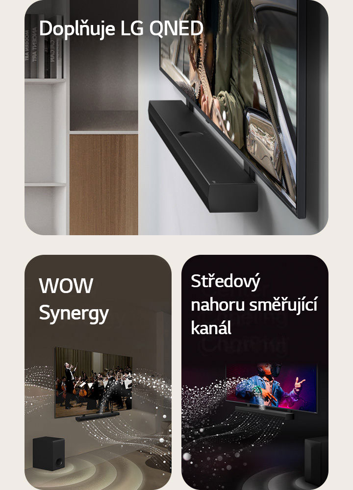 LG Soundbar a LG QNED TV u stěny s QNED Matching Bracket v šedém a dřevěném obývacím prostoru v natočené perspektivě, zobrazující muže hrajícího na kytaru před oceánem.   LG Soundbar a LG TV v obývacím pokoji při představení orchestru. Bílé vlny kapiček představující zvukové vlny vystupují ze soundbaru směrem nahoru a dopředu a promítají se z televizoru, protože subwoofer vytváří zvukový efekt zespodu.  LG Soundbar a LG TV v černé místnosti při hudebním představení. Bílé kapky představující zvukové vlny vystřelují ze soundbaru nahoru a dopředu, protože subwoofer vytváří zvukový efekt zespodu.