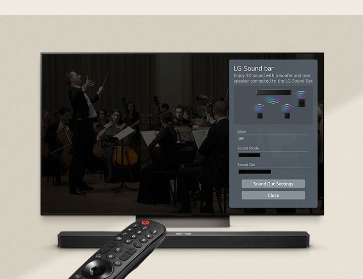 LG Remote směřuje k LG TV se soundbarem LG Soundbar pod ním. Na LG TV se zobrazuje nabídka rozhraní WOW Interface.