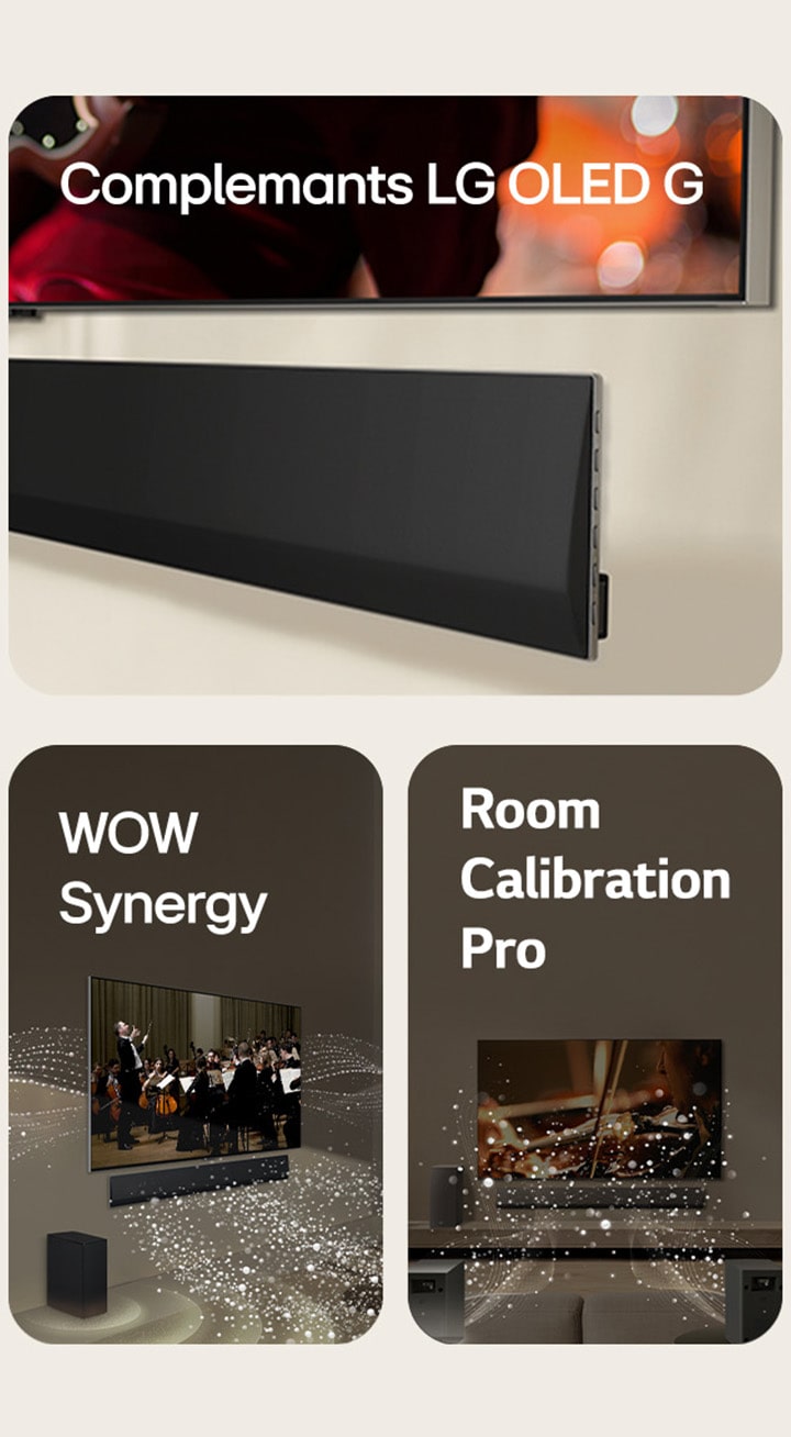 Eine schräge Perspektive vNatočený pohled na spodní část LG TV a LG Soundbar, připevněné ke stěně. LG Soundbar a LG TV v obývacím pokoji při představení orchestru. Bílé vlny kapiček představující zvukové vlny vystupují ze soundbaru směrem nahoru a dopředu a promítají se z televizoru, protože subwoofer vytváří zvukový efekt zespodu. V obývacím pokoji se nachází LG Soundbar, LG TV, zadní reproduktory a subwoofer. Nad místností se objeví překryvná mřížka jako sken prostoru. Z čelní perspektivy zadních reproduktorů vycházejí bílé zvukové vlny tvořené kapkami.on der Unterseite eines LG TVs und einer LG Soundbar, die an der Wand befestigt ist. LG Soundbar und LG TV in einem Wohnzimmer bei der Wiedergabe einer Orchesteraufführung. Von der Soundbar gehen weiße Tröpfchen, die Schallwellen darstellen, nach oben und nach vorne und projizieren vom Fernseher, während der Subwoofer von unten einen Klangeffekt erzeugt. LG Soundbar, LG TV, hintere Lautsprecher und ein Subwoofer befinden sich in einem Wohnzimmer. Über dem Raum wird ein Raster eingeblendet, das wie ein Scan des Raums wirkt. Aus der Frontalperspektive der hinteren Lautsprecher kommen aus Tröpfchen bestehende weiße Schallwellen.