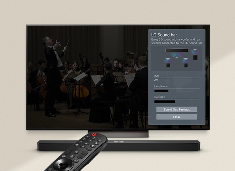 LG Remote směřuje k LG TV se soundbarem LG Soundbar pod ním. Na LG TV se zobrazuje nabídka rozhraní WOW Interface.