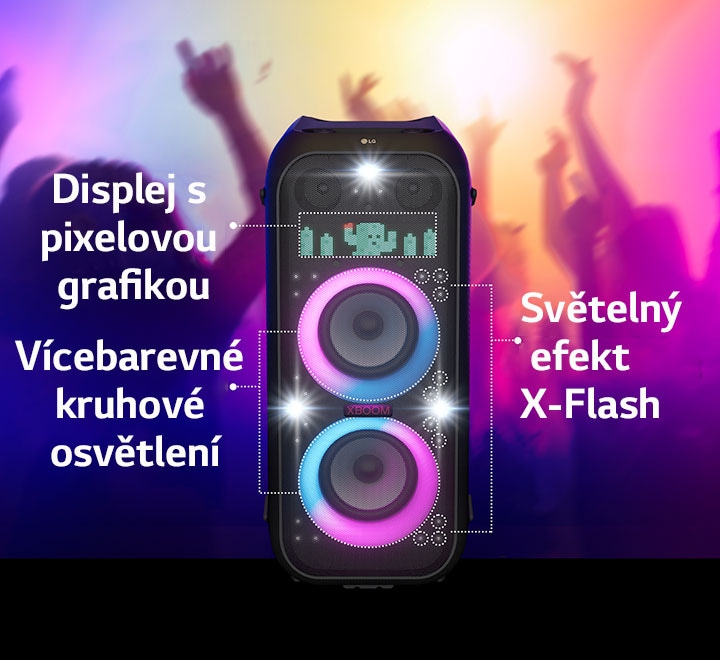 Pohled na reproduktor zepředu. Každá část osvětlení má svůj vlastní popisek. V horní části je displej s pixelovou grafikou, na kterém je zobrazena postava kaktusu. Uprostřed je zapnuto růžové a azurové gradientní kruhové osvětlení. A světelné efekty X-Flash se nacházejí po celém reproduktoru.