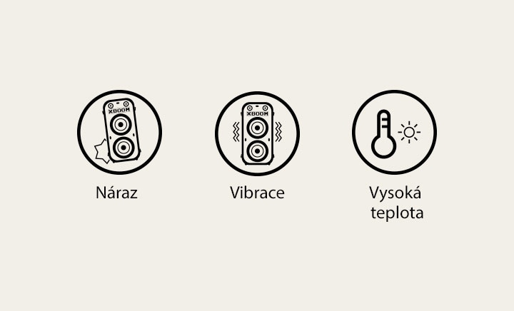 Na obrázku jsou zobrazeny testy, kterými reproduktor XL9T prošel. Zleva doprava jsou to ikony nárazu, vibrací a vysoké teploty.