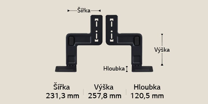 Dva komponenty WOW Bracket ve svislé poloze na béžovém pozadí. Šířka, výška a hloubka jsou označeny a vyobrazeny šipkami. V dolní části jsou uvedeny následující specifikace: Šířka 231,3 mm, výška 257,8 mm, hloubka 120,5 mm.