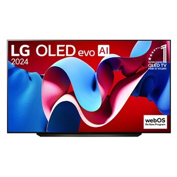  Pohled zepředu na 83“ OLED TV v tenkém designu, úzkým rámem obrazovky, umístěný na stabilním stojanu s tenkým soundbarem níže