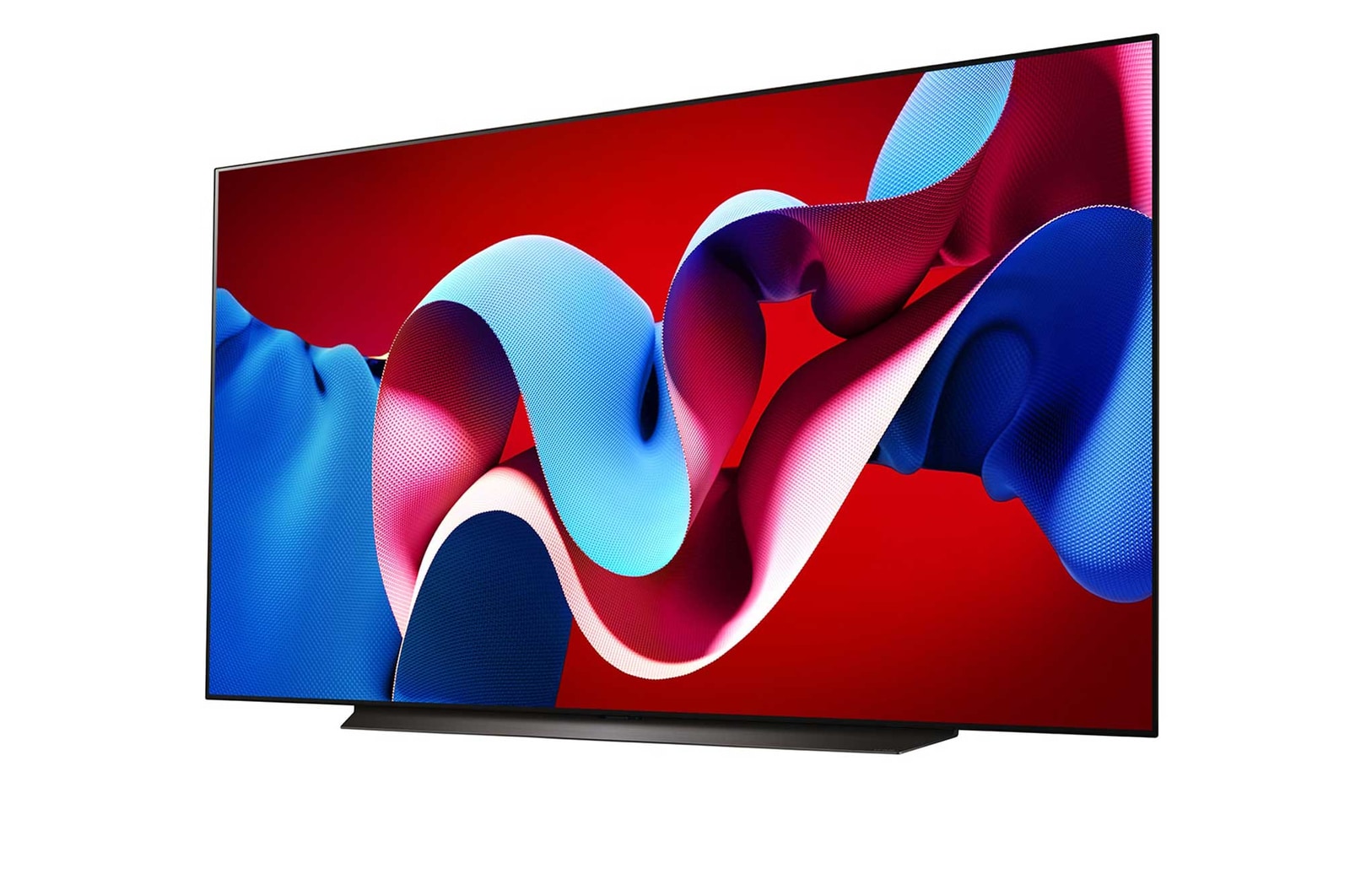 Slightly-angled right-facing side view of LG OLED evo TV, OLED C4 with LG Soundbar below and a subwoofer to the side