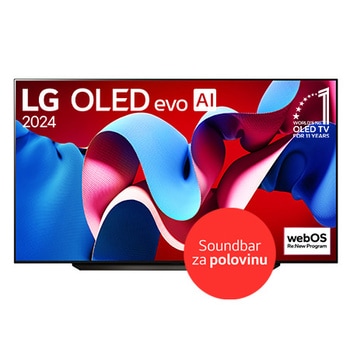  Pohled zepředu na 83“ OLED TV v tenkém designu, úzkým rámem obrazovky, umístěný na stabilním stojanu s tenkým soundbarem níže