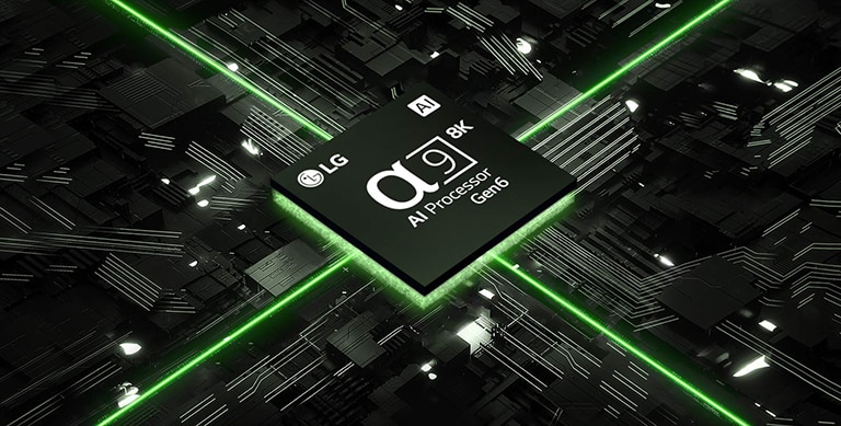 A video of the α9 AI Processor 8K Gen6 against a circuit board. The board illuminates, and green lights emit from the chip representing its power.	