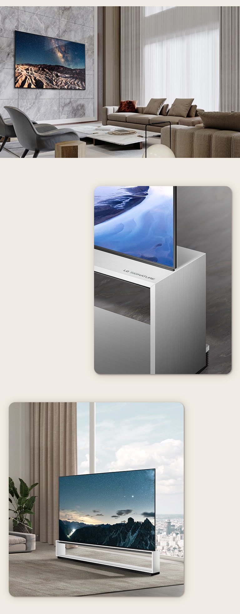 An image of LG OLED Z3's Gallery Design on the wall of an ornate room. An image of LG OLED Z3 with a Floor Stand in front of a window overlooking a cityscape. An angled view of LG OLED Z3's corner, edge, and Floor Stand.	