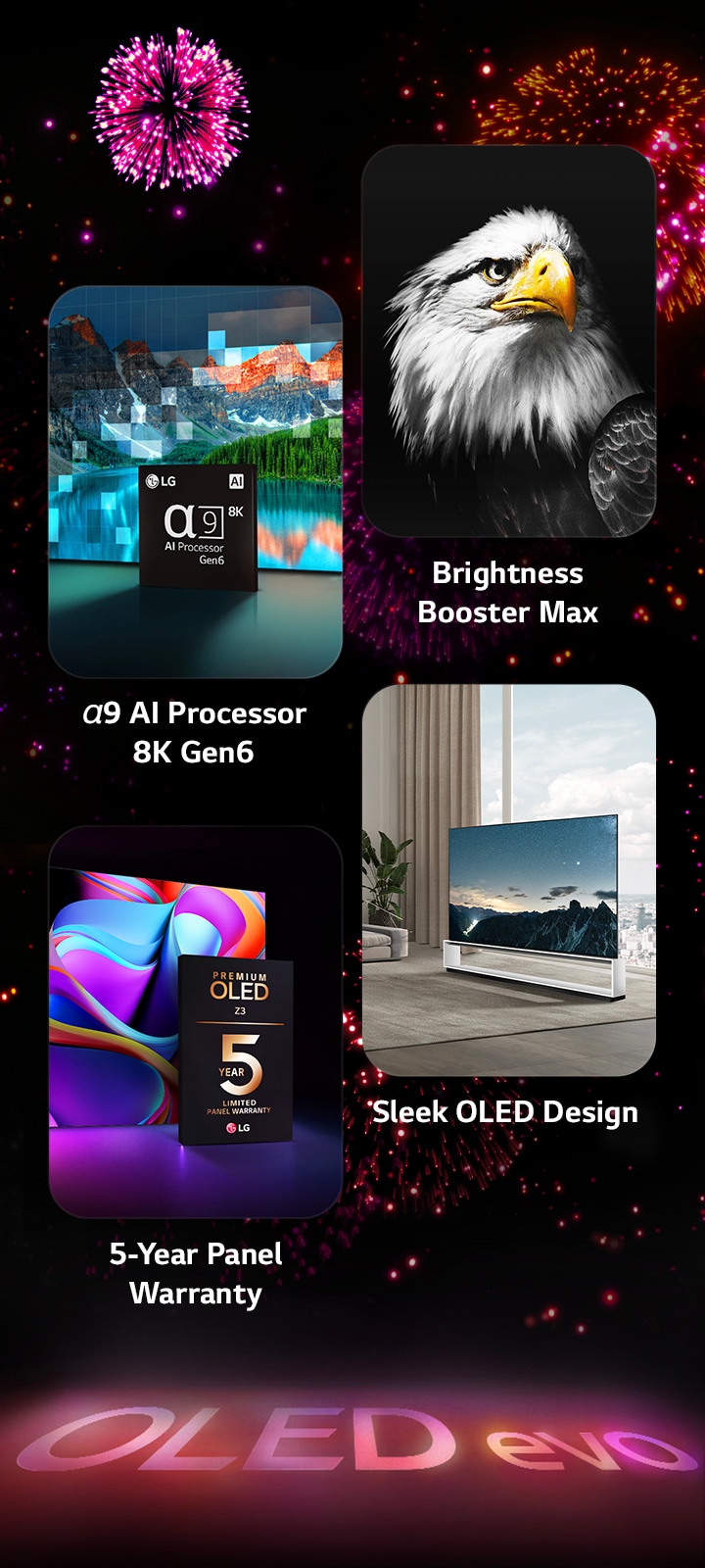 Image présentant les principales caractéristiques du téléviseur OLED evo Z3 de LG sur un fond noir avec un feu d’artifice rose et violet. Le reflet rose du feu d’artifice au sol montre les termes « OLED evo ». Dans l’image, le processeur IA α9 8K de sixième génération est représenté devant l’image d’une scène de lac rematricée avec la technologie de traitement. Une image présentant le mode ultralumineux montre un oiseau avec des contrastes profonds et des blancs lumineux. Une image présentant la garantie de 5 ans sur le panneau montre le logo de la garantie Premium OLED Z3 avec l’écran en arrière-plan. Une image présentant la conception aux lignes épurées du téléviseur OLED montre le socle de plancher du téléviseur OLED evo Z3 devant une grande fenêtre donnant sur un paysage urbain dans un salon épuré et minimaliste.