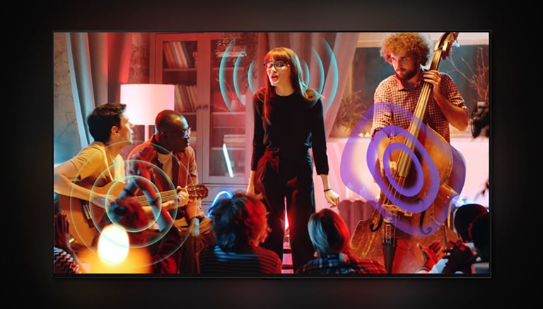 A video of a person playing violin with a yellow bubble and wave depicting sound. The scene changes to a singer and band playing an intimate gig in a lounge. Blue sound waves surround the singer, turquoise soundwaves emit from the guitar, and purple soundwaves come from the cello. 	