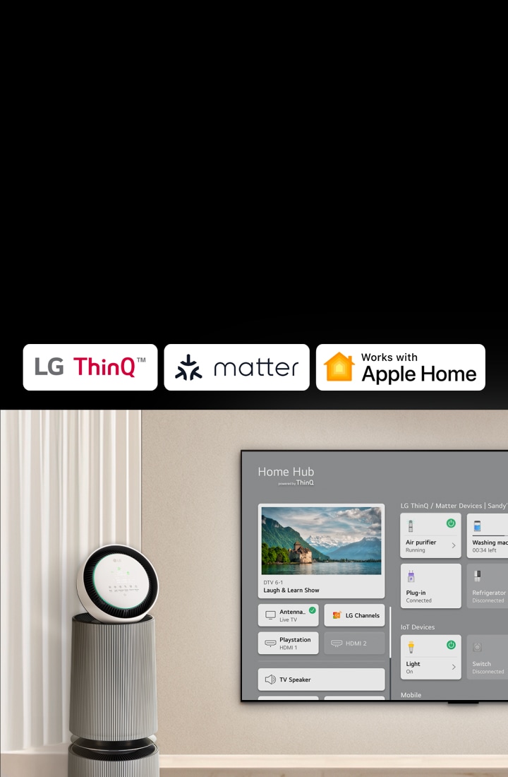 Logo LG ThinQ™, Matter a Apple Home. LG TV namontovaný na stěně a LG PuriCare™ Objet Collection 360° vlevo. Na TV se zobrazí Home Hub, kurzor klikne na „Air purifier“ a aktivuje se LG PuriCare™ Objet Collection 360°.	