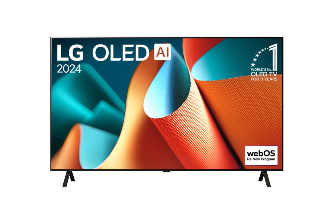 Čelní pohled na televizor LG OLED, OLED AI B4E, s emblémem 11 let světové jedničky OLED a logem programu webOS Re:New na obrazovce s dvousloupkovým stojanem