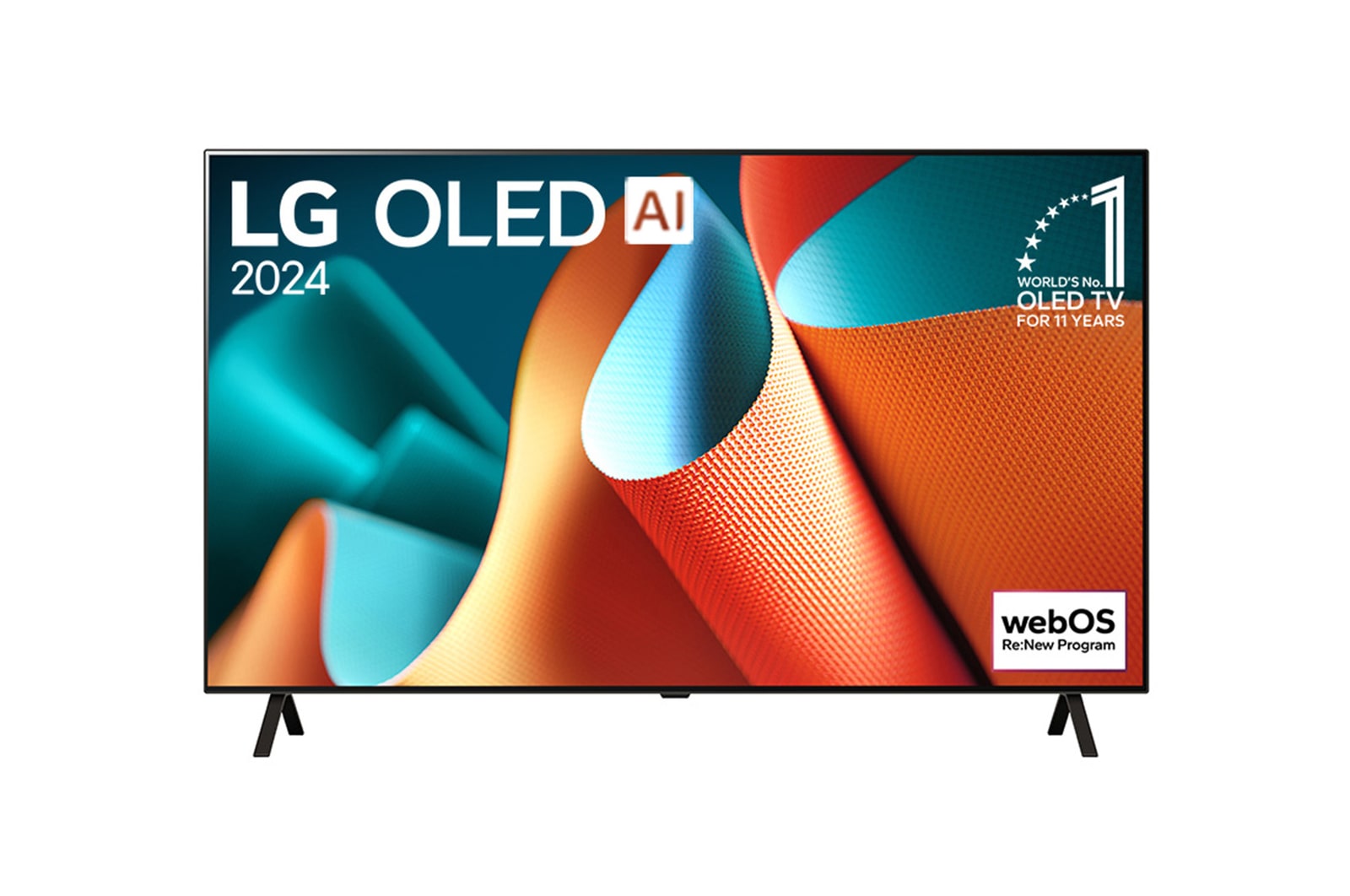 Čelní pohled na televizor LG OLED, OLED AI B4E, s emblémem 11 let světové jedničky OLED a logem programu webOS Re:New na obrazovce s dvousloupkovým stojanem