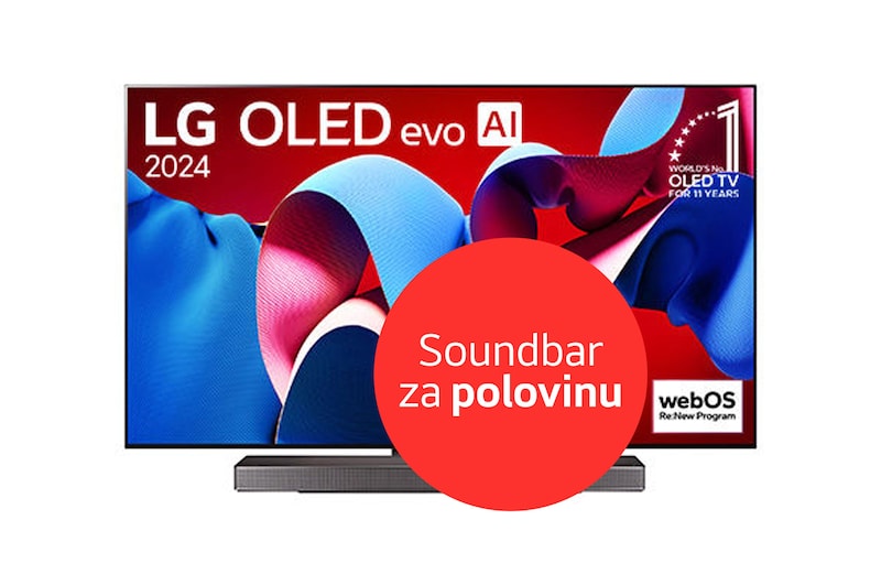 Front view with LG OLED evo TV, OLED C4, 11 Years of world number 1 OLED Emblem logo and webOS Re:New Program logo on screen, as well as the Soundbar below