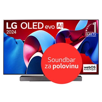 Front view with LG OLED evo TV, OLED C4, 11 Years of world number 1 OLED Emblem logo and webOS Re:New Program logo on screen, as well as the Soundbar below