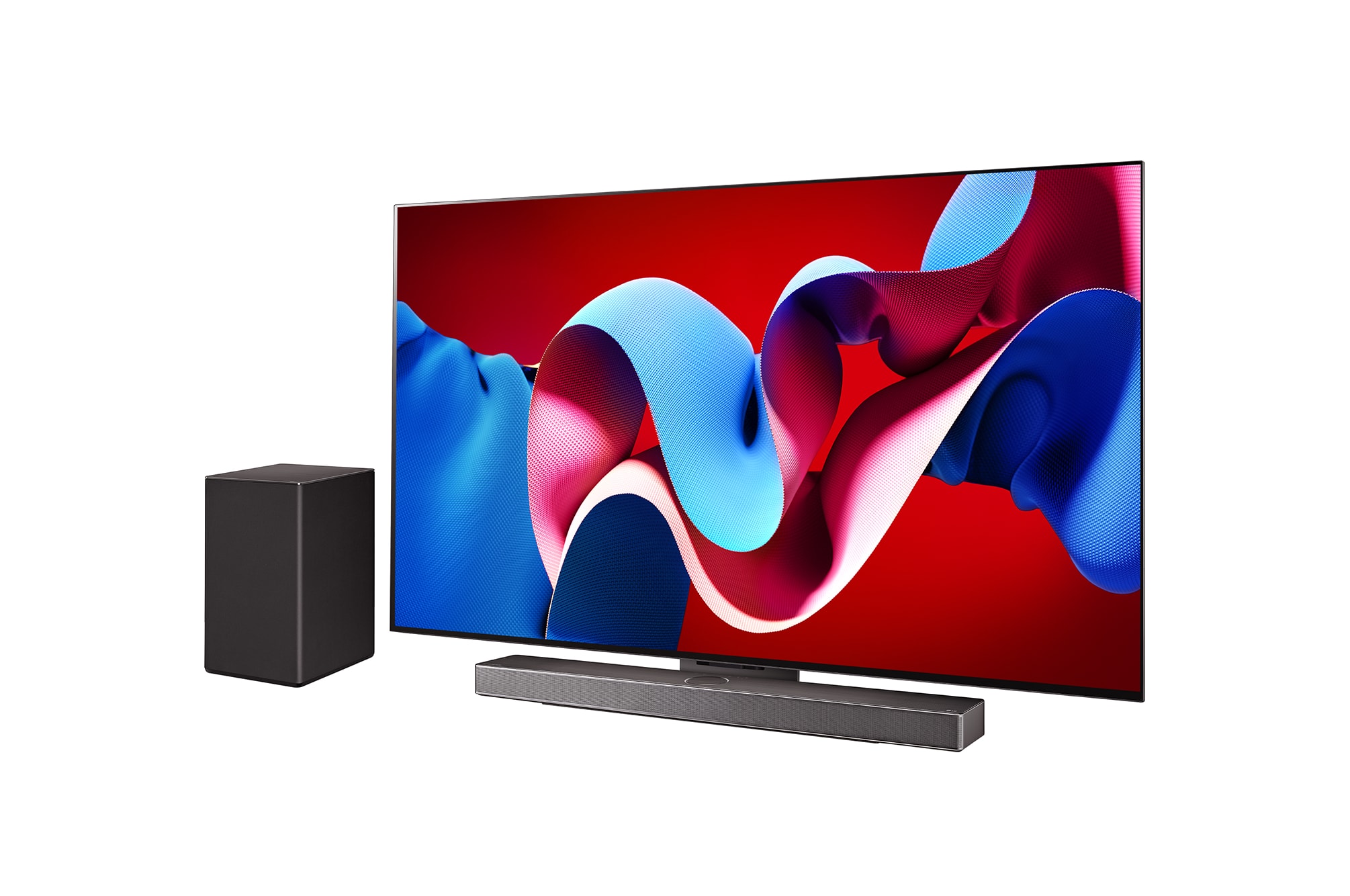 Slightly-angled right-facing side view of LG OLED evo TV, OLED C4 with LG Soundbar below and a subwoofer to the side