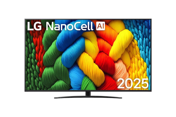 Čelní pohled na NanoCell TV, logo LG NanoCell Al v horním rohu. LG NanoCell NANO80 TV zobrazuje barevné kreslené textury, které se spojují.