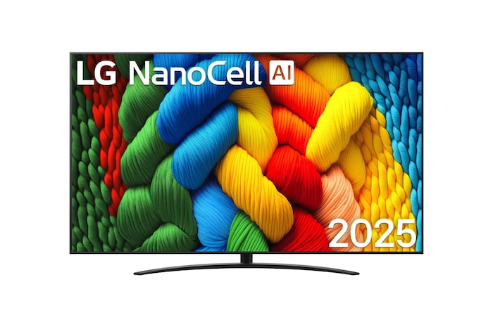 Čelní pohled na NanoCell TV, logo LG NanoCell Al v horním rohu. LG NanoCell NANO80 TV zobrazuje barevné kreslené textury, které se spojují.