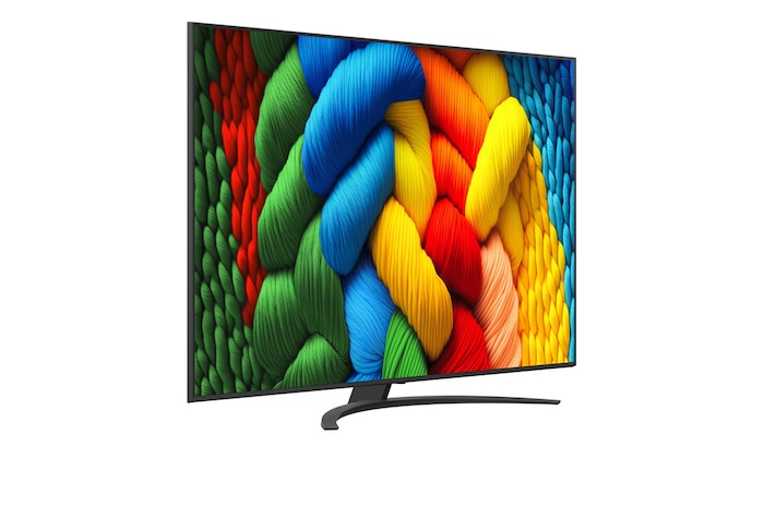 Pohled zepředu a z boku na LG NanoCell NANO80 AI 4K Smart TV s rozměry na délku, šířku, výšku a hloubku.
