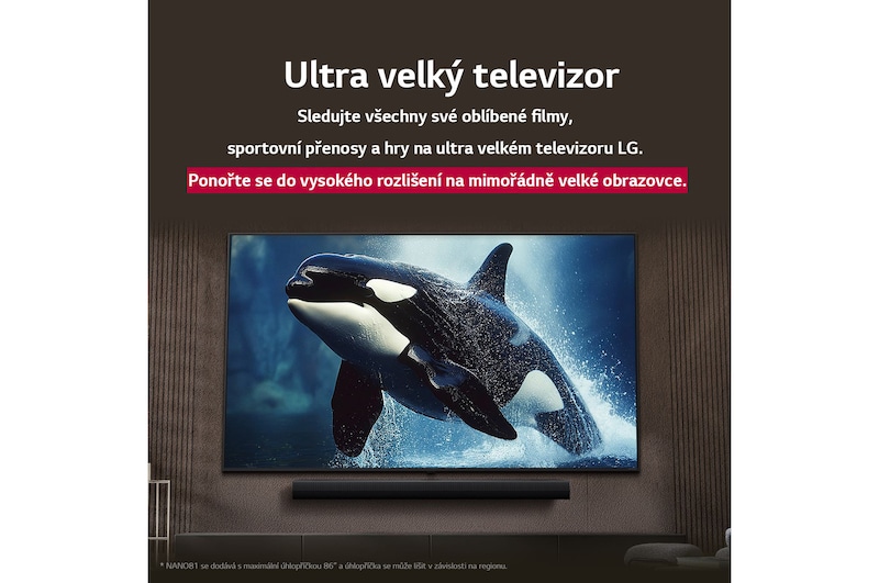 LG TV s působivě velkou obrazovkou umístěnou na stěně nad soundbarem LG v moderně zařízeném obývacím pokoji.