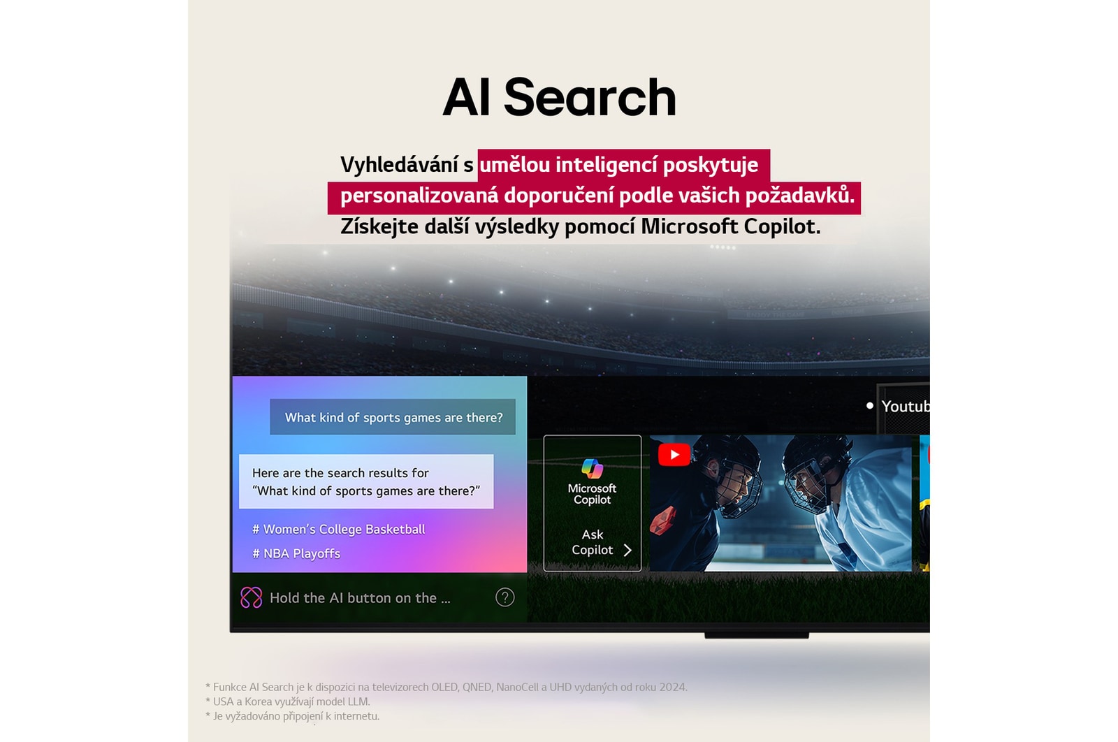 Close-up of an LG TV screen showing how AI Search works. A small chat window is open showing how the user asked for what sports games are available. AI search responded via chat and by showing thumbnails of available content. There is also a prompt to ask Microsoft Copilot. 