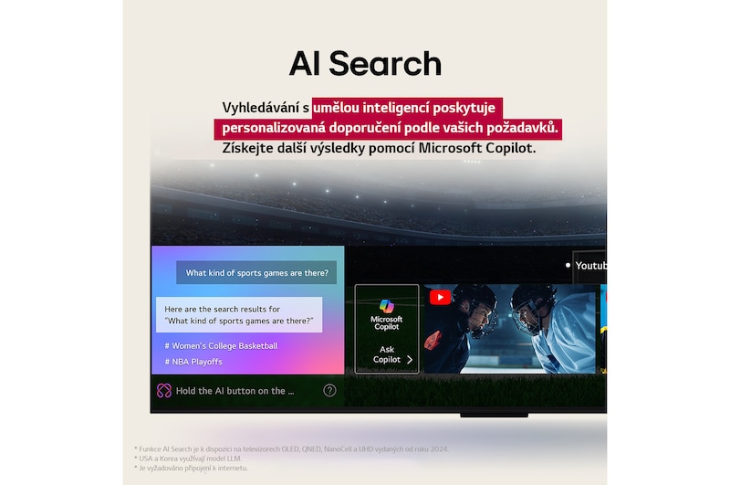 Detail obrazovky televizoru LG TV zobrazující, jak funguje funkce AI Search. Otevře se malé okno chatu, ve kterém se zobrazí, jak se uživatel ptal na nabídku sportovních her. Funkce AI Search reagovala prostřednictvím chatu a zobrazováním miniatur dostupného obsahu. Zobrazí se také výzva, abyste se obrátili na Microsoft Copilot. 
