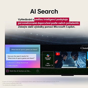 Close-up of an LG TV screen showing how AI Search works. A small chat window is open showing how the user asked for what sports games are available. AI search responded via chat and by showing thumbnails of available content. There is also a prompt to ask Microsoft Copilot. 