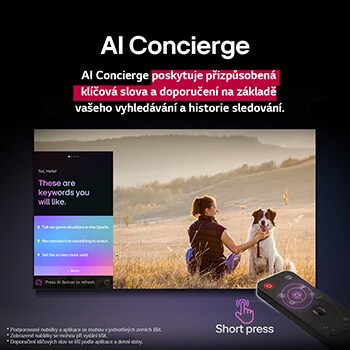LG AI Magic Remote in front of an LG TV screen. On the screen is a personalized greeting from the LG AI with custom keywords based on the user's search and watch history. By the remote is an icon and label showing that the AI Concierge functionality is easily accessible with one short press on the AI button. 