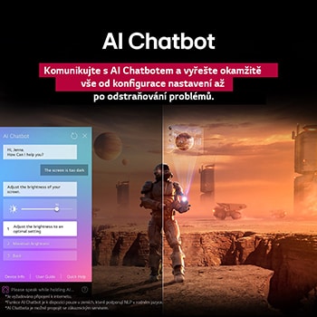 Sci-fi content is playing on an LG TV screen. On the screen is the Al Chatbot interface. The user messaged the chatbot saying that the screen is too dark. The chatbot offered solutions to the request. The whole scene is also split in two. One side is darker, the other side is brighter, showing how Al Chatbot solved the issue for the user automatically. Text explains Al Chatbot can understand user intent and provide solutions to troubleshoot.