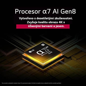 The alpha 7 AI Processor Gen8 lights up yellow and colorful bolts of light shoot out from it. The title talks about how the processor delivers 4K quality, stunning color and brightness.