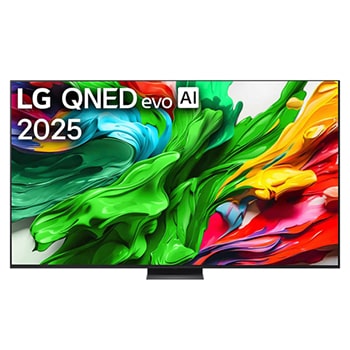 Pohled na LG QNED evo QNED86 TV zepředu, logo LG QNED evo Al v horním rohu. LG QNED evo QNED86 TV zobrazuje barevné kreslené textury, které se spojují.