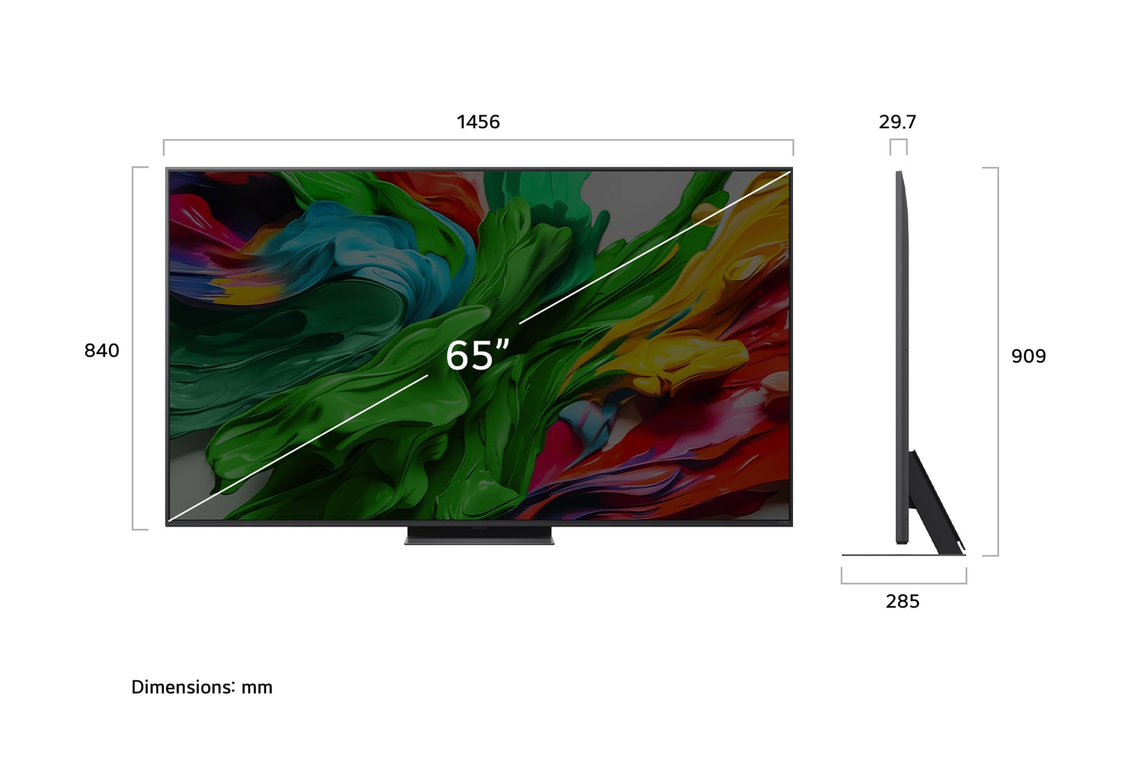 Pohled zepředu a z boku na LG QNED evo AI QNED85 4K Smart TV s rozměry na délku, šířku, výšku a hloubku.