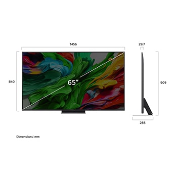 Pohled zepředu a z boku na LG QNED evo AI QNED85 4K Smart TV s rozměry na délku, šířku, výšku a hloubku.
