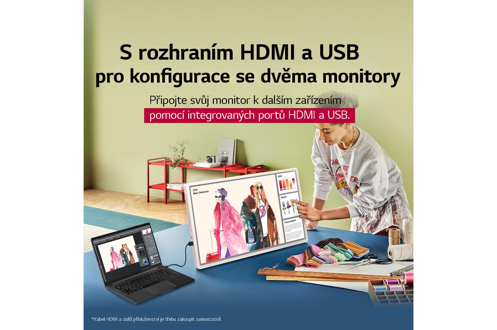 LG StanbyME 2. A hand interacting with the touch screen showing ease of use. The text talks about being able to connect your screen with other devices easily.