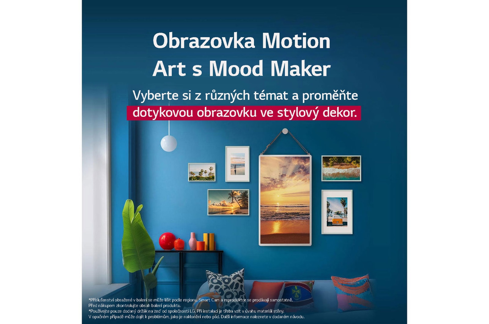 LG StanbyME 2 is hung on the wall to showcase its Motion Art Screen. Mood Maker is in use. An artwork is on display showing how it can be used as a stylish addition to any space.