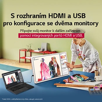 LG StanbyME 2. A hand interacting with the touch screen showing ease of use. The text talks about being able to connect your screen with other devices easily.