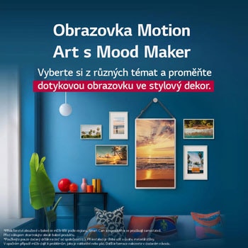 LG StanbyME 2 is hung on the wall to showcase its Motion Art Screen. Mood Maker is in use. An artwork is on display showing how it can be used as a stylish addition to any space.