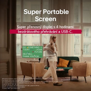 A person rolling their LG StanbyME 2 using the TV stand. The text explains how the Super Portable Screen has 4 hours of wireless playback and USB-C.