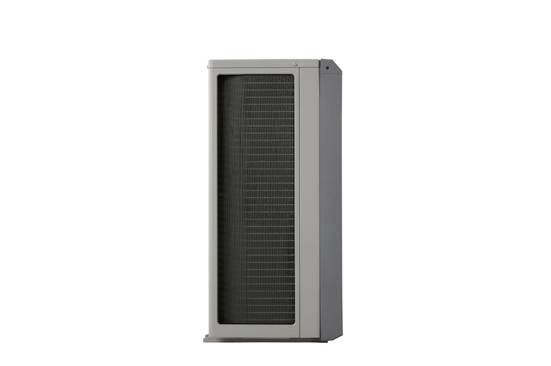 LG Air to Water Heat Pumps  HM051MRS UA40, left side view of a black outdoor unit featuring a grey wavy grille.