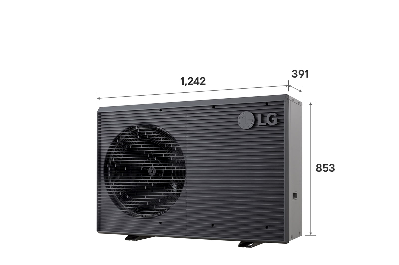LG Air to Water Heat Pumps HM051MRS UA40, with dimensions labeled, black outdoor unit featuring a grey wavy grille.